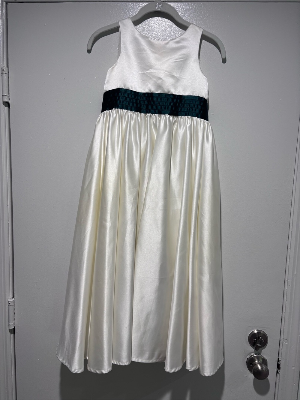 Bill Levkoff Ivory Satin Flower Girl Dress with Dark Green Waistband
